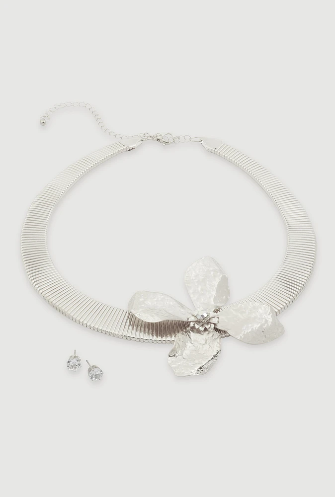 Womens Textured Flower Pendant Necklace with Stud Earrings, Silver