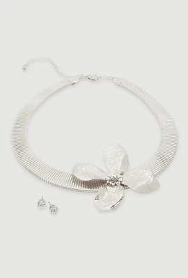 Womens Textured Flower Pendant Necklace with Stud Earrings, Silver