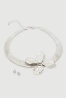 Womens Textured Flower Pendant Necklace with Stud Earrings, Silver