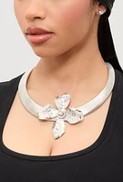 Womens Textured Flower Pendant Necklace with Stud Earrings, Silver