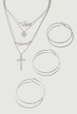Womens Cubic Zirconia Heart Charm Layered Necklace with Hoop Earring Trio, Silver