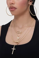 Womens Cubic Zirconia Heart Charm Layered Necklace with Hoop Earring Trio, Gold
