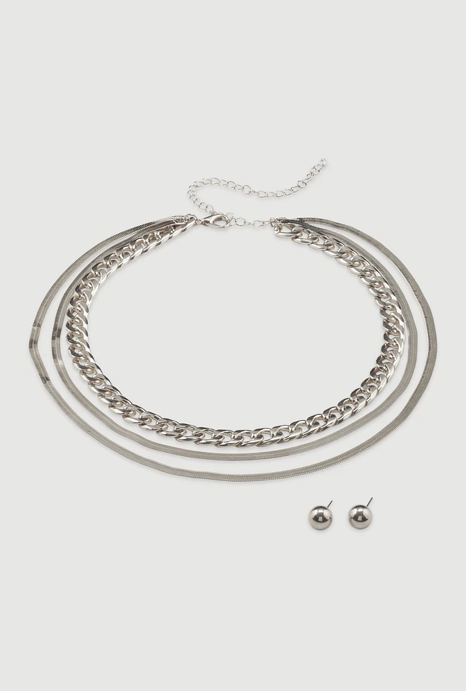 Womens Layered Chain Link Herringbone Necklace and Earrings, Silver