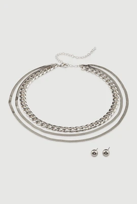Womens Layered Chain Link Herringbone Necklace and Earrings, Silver