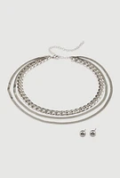 Womens Layered Chain Link Herringbone Necklace and Earrings, Silver