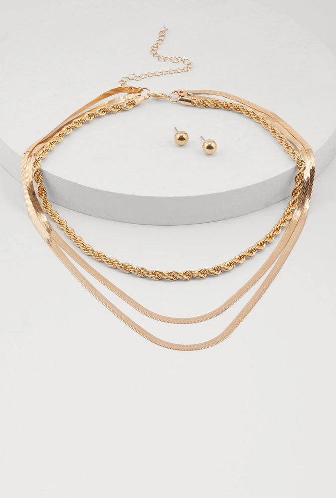 Womens Assorted Metallic Layered Necklace and Stud Earrings, Gold