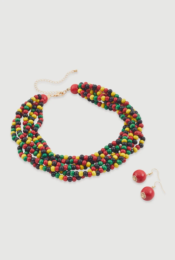 Womens Layered Beaded Necklace and Earrings, Multi
