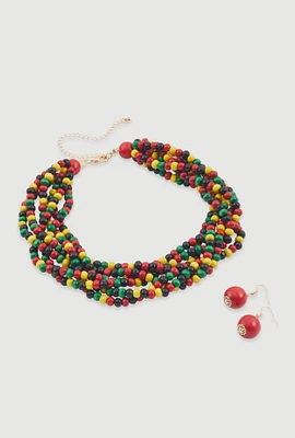 Womens Layered Beaded Necklace and Earrings, Multi