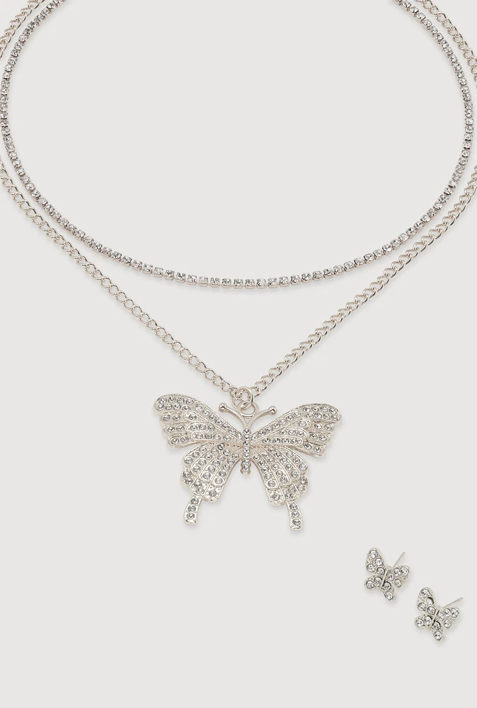 Womens Butterfly Cubic Zirconia Layered Necklace and Earrings Set, Silver