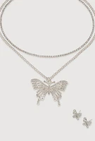 Womens Butterfly Cubic Zirconia Layered Necklace and Earrings Set, Silver