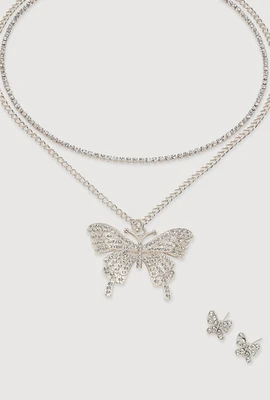 Womens Butterfly Cubic Zirconia Layered Necklace and Earrings Set, Silver