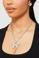 Womens Butterfly Cubic Zirconia Layered Necklace and Earrings Set, Silver