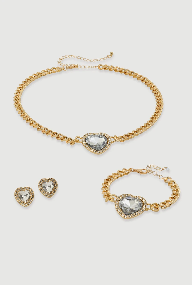 Womens Cubic Zirconia Heart Charm Necklace and Bracelet with Stud Earrings, Gold