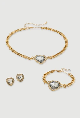 Womens Cubic Zirconia Heart Charm Necklace and Bracelet with Stud Earrings, Gold