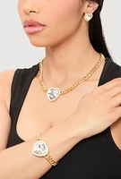 Womens Cubic Zirconia Heart Charm Necklace and Bracelet with Stud Earrings, Gold