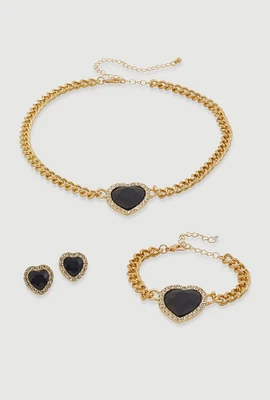 Womens Cubic Zirconia Heart Charm Necklace and Bracelet with Stud Earrings, Black