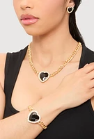 Womens Cubic Zirconia Heart Charm Necklace and Bracelet with Stud Earrings, Black