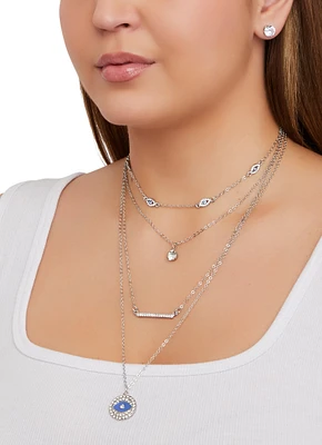 Womens Rhinestone Evil Eye Layered Chain Necklace and Stud Earrings, Silver