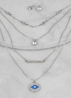 Womens Rhinestone Evil Eye Layered Chain Necklace and Stud Earrings, Silver