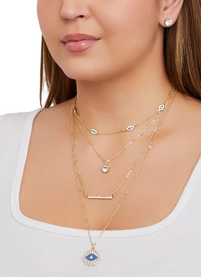Womens Rhinestone Evil Eye Layered Chain Necklace and Stud Earrings, Gold