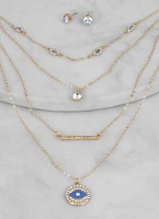 Womens Rhinestone Evil Eye Layered Chain Necklace and Stud Earrings, Gold