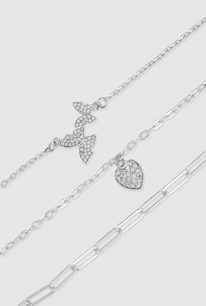 Womens Butterfly Heart Charm Anklet Trio, Silver