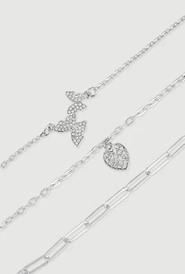 Womens Butterfly Heart Charm Anklet Trio, Silver