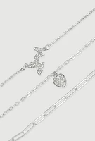 Womens Butterfly Heart Charm Anklet Trio, Silver