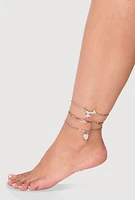 Womens Butterfly Heart Charm Anklet Trio, Silver