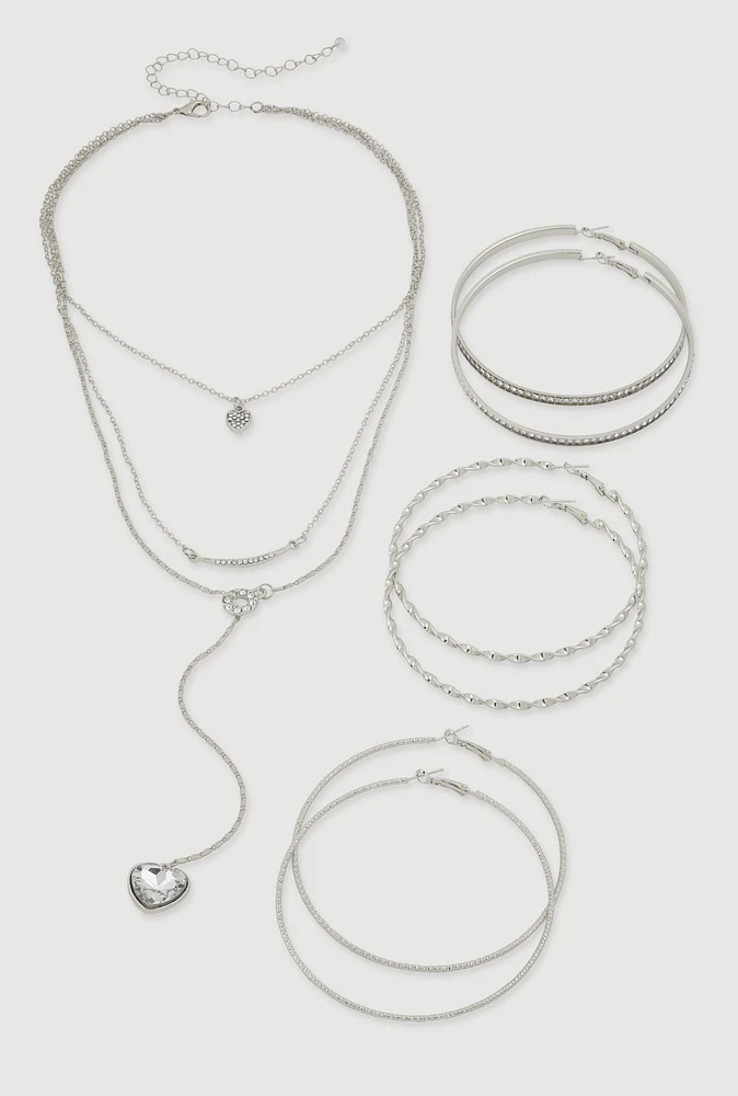 Womens Heart Charm Layered Necklace and Hoop Earring Trio Set, Silver