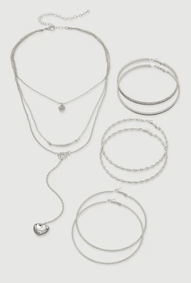 Womens Heart Charm Layered Necklace and Hoop Earring Trio Set, Silver
