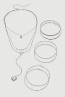Womens Heart Charm Layered Necklace and Hoop Earring Trio Set, Silver