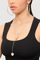Womens Heart Charm Layered Necklace and Hoop Earring Trio Set, Silver