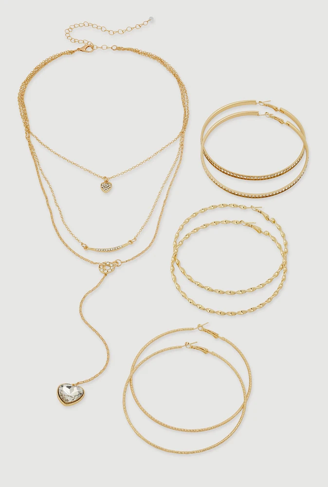 Womens Heart Charm Layered Necklace and Hoop Earring Trio Set, Gold