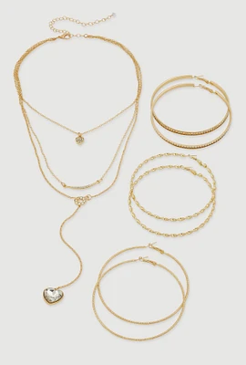 Womens Heart Charm Layered Necklace and Hoop Earring Trio Set, Gold