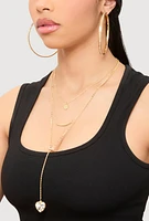 Womens Heart Charm Layered Necklace and Hoop Earring Trio Set, Gold