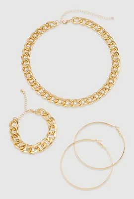 Womens Curb Chain Necklace and Bracelet with Hoop Earrings Set, Gold