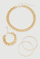 Womens Curb Chain Necklace and Bracelet with Hoop Earrings Set, Gold