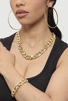 Womens Curb Chain Necklace and Bracelet with Hoop Earrings Set, Gold