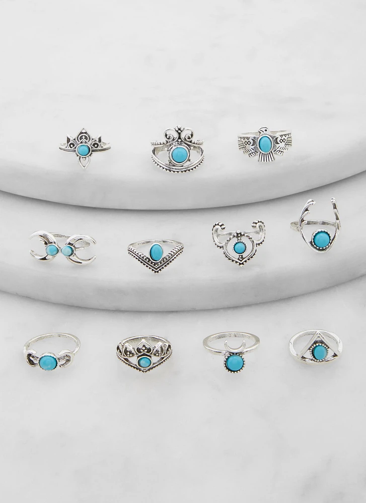 Womens Metallic Gemstone Rings Set of 11, Blue