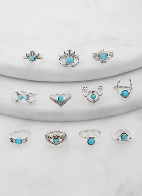Womens Metallic Gemstone Rings Set of 11, Blue