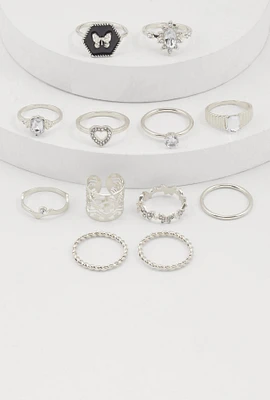 Womens Butterfly Cubic Zirconia Assorted Rings Set of 12, Silver