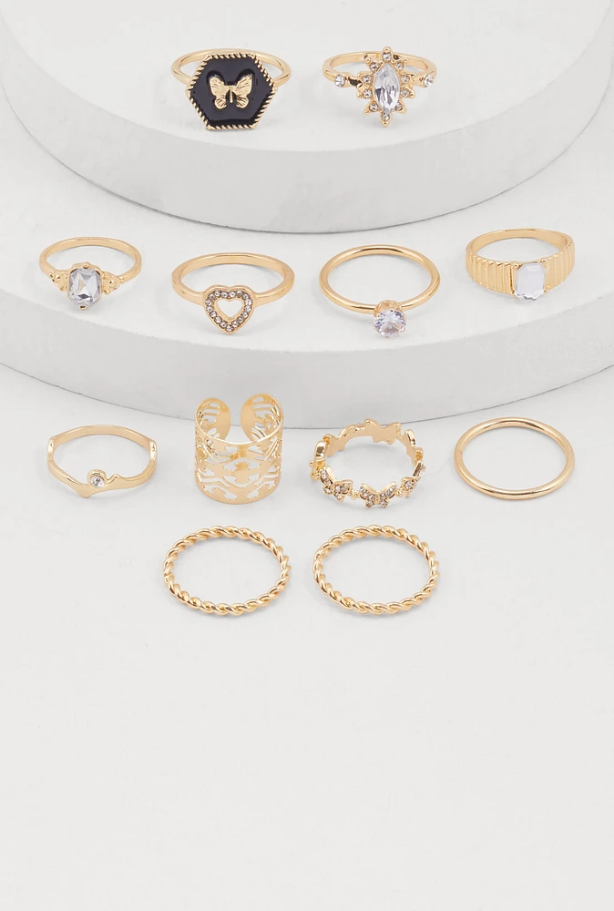 Womens Butterfly Cubic Zirconia Assorted Rings Set of 12, Gold