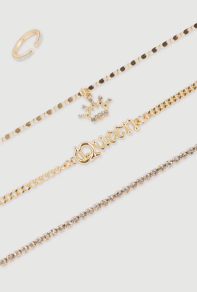 Womens Cubic Zirconia Queen Chain Anklet Trio with Toe Ring, Gold