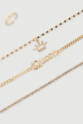 Womens Cubic Zirconia Queen Chain Anklet Trio with Toe Ring, Gold