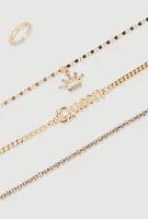 Womens Cubic Zirconia Queen Chain Anklet Trio with Toe Ring, Gold