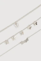Womens Angel Butterfly Charm Anklet Trio, Silver