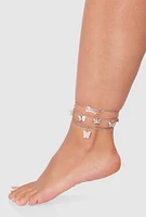 Womens Angel Butterfly Charm Anklet Trio, Silver