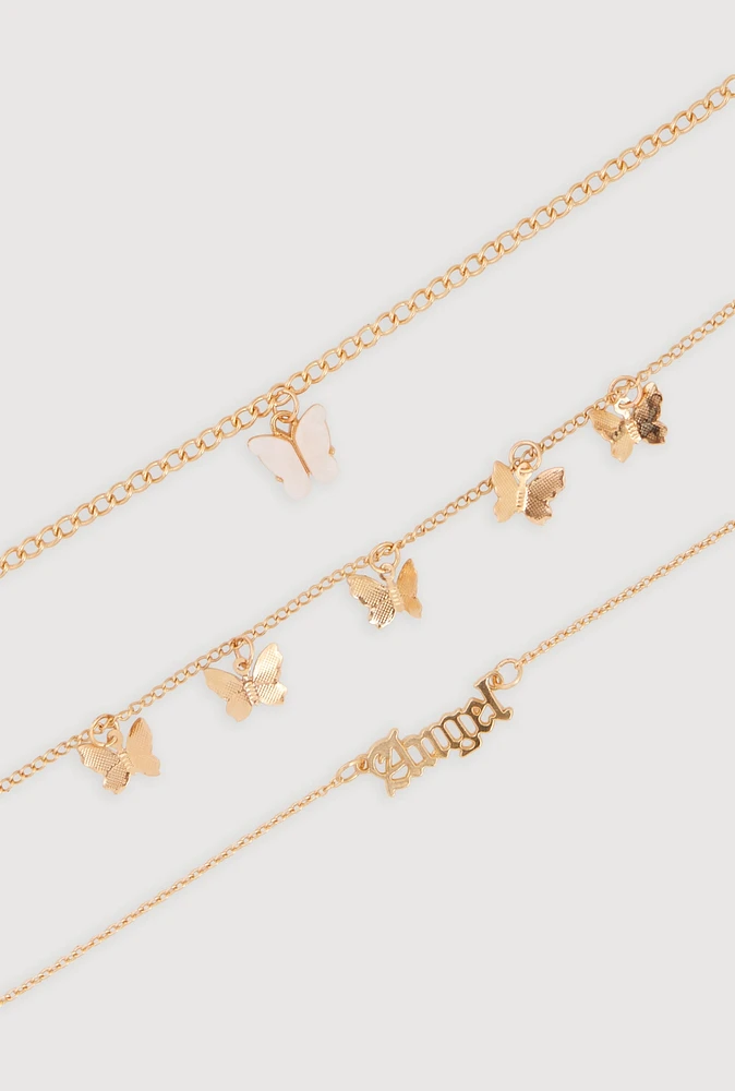 Womens Angel Butterfly Charm Anklet Trio,