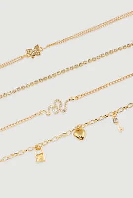 Womens Cubic Zirconia Charm Anklets Set of 4, Gold